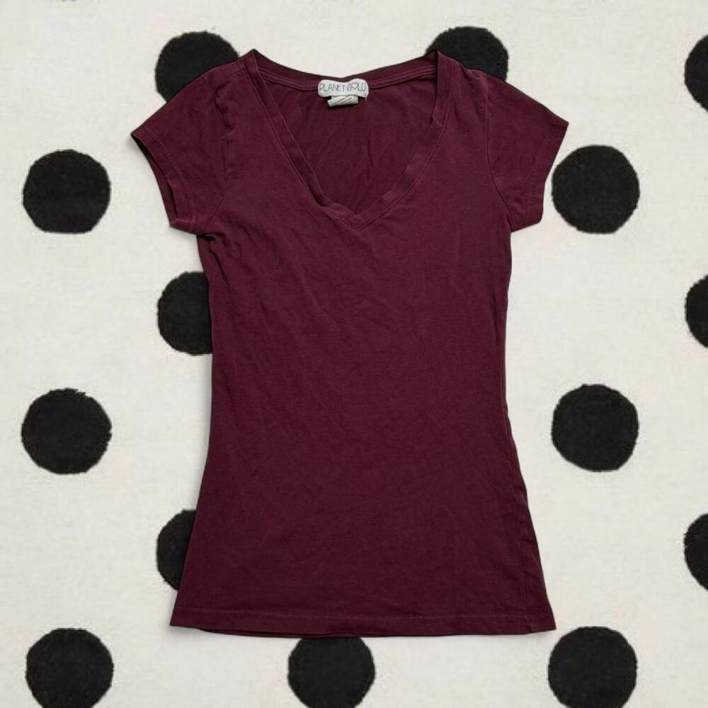 Burgundy Short Sleeve Fitted 95% Cotton Layering Staple Piece Womens Size Small - Picture 3 of 6